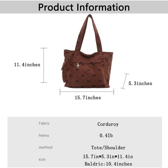 Corduroy Tote Bag for Women Large Shoulder Bag with Zipper Stylish and Practical - Picture 6 of 7